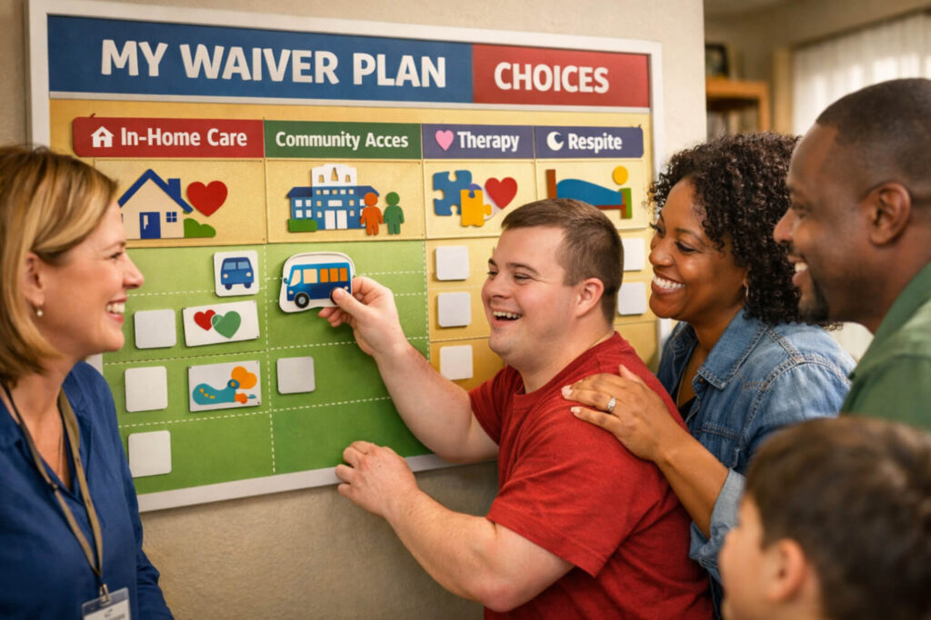 A diverse, smiling family uses a visual planning board to customize their waiver-based support services, illustrating how flexible funding allows them to choose personalized care in their own home.