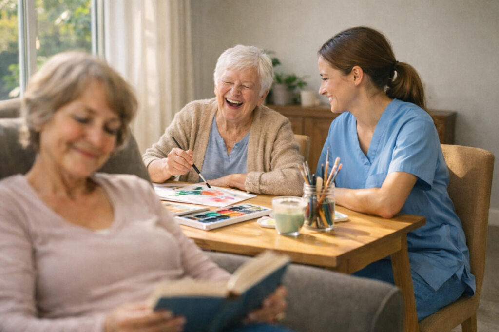 A relaxed caregiver enjoys quiet reading time in the foreground, while in the background, her aging parent laughs and engages in an activity with a supportive respite worker, visualizing peace of mind.