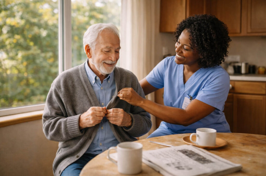 A professional caregiver in Indianapolis provides in-home care by assisting an elderly man with buttoning his sweater at a kitchen table, promoting independence, comfort, and personalized daily support in a home setting.