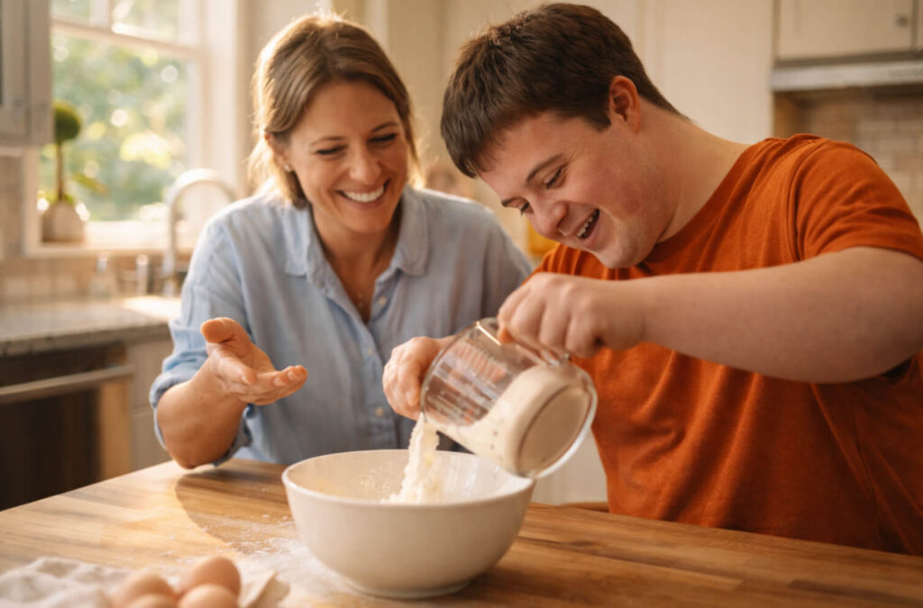 A supportive residential habilitation setting in Bedford, IN, showing a caregiver encouraging an individual's independence as they practice daily living skills in a bright, modern kitchen.