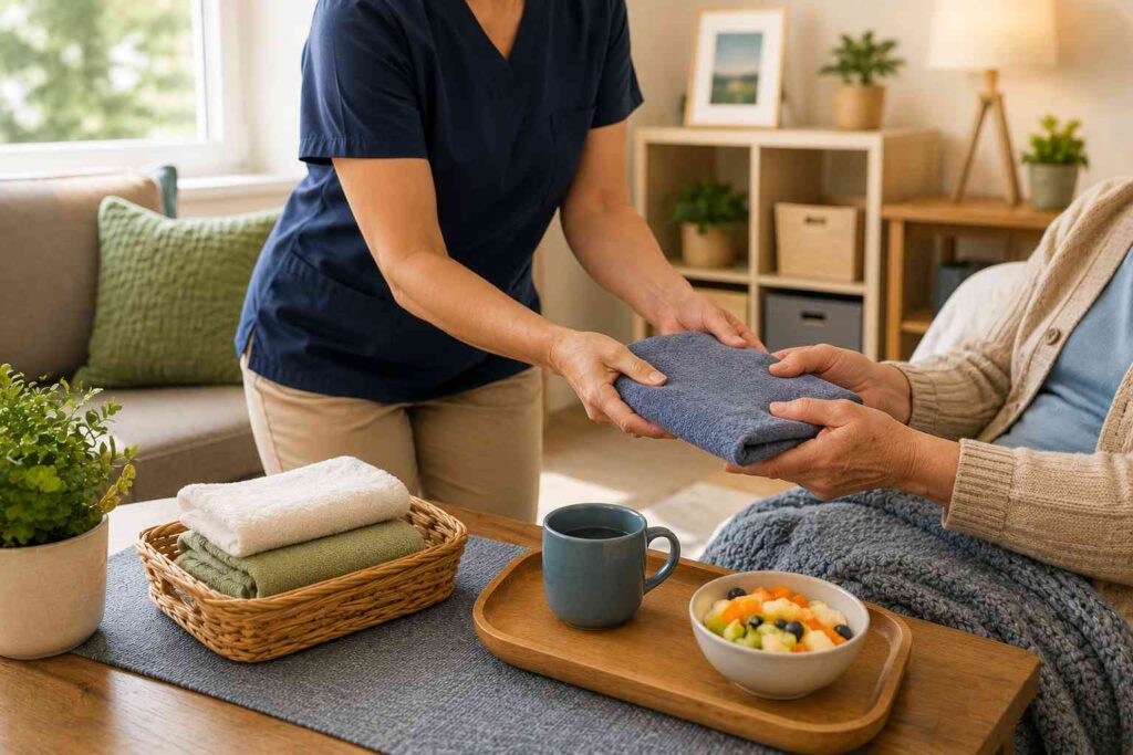 Caregiver assisting a resident with daily living activities, supporting safe routines through residential habilitation services in Bedford, IN.