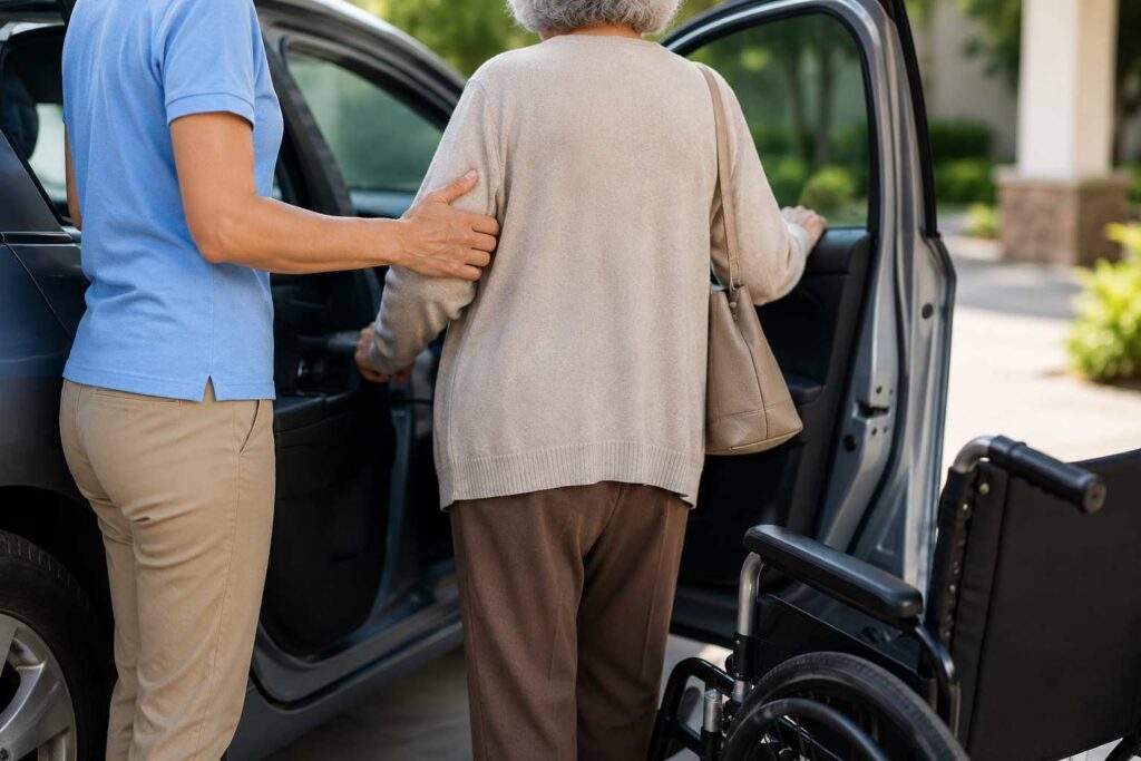 Caregiver providing transportation assistance for a senior attending a medical appointment, supporting reliable daily medical visits in Paoli, IN.