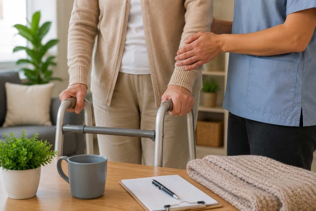 Caregiver assisting a person with mobility and personal care services in Paoli, IN.