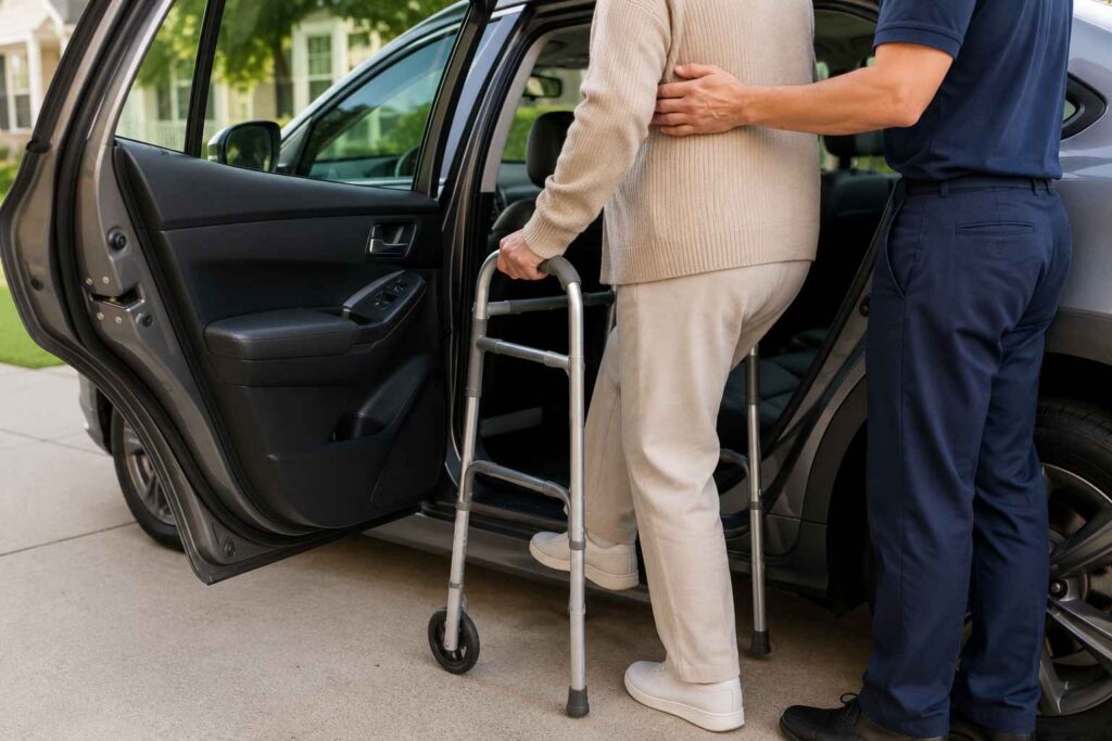 Caregiver assisting a person with safe transportation and mobility support in Greenfield, IN.