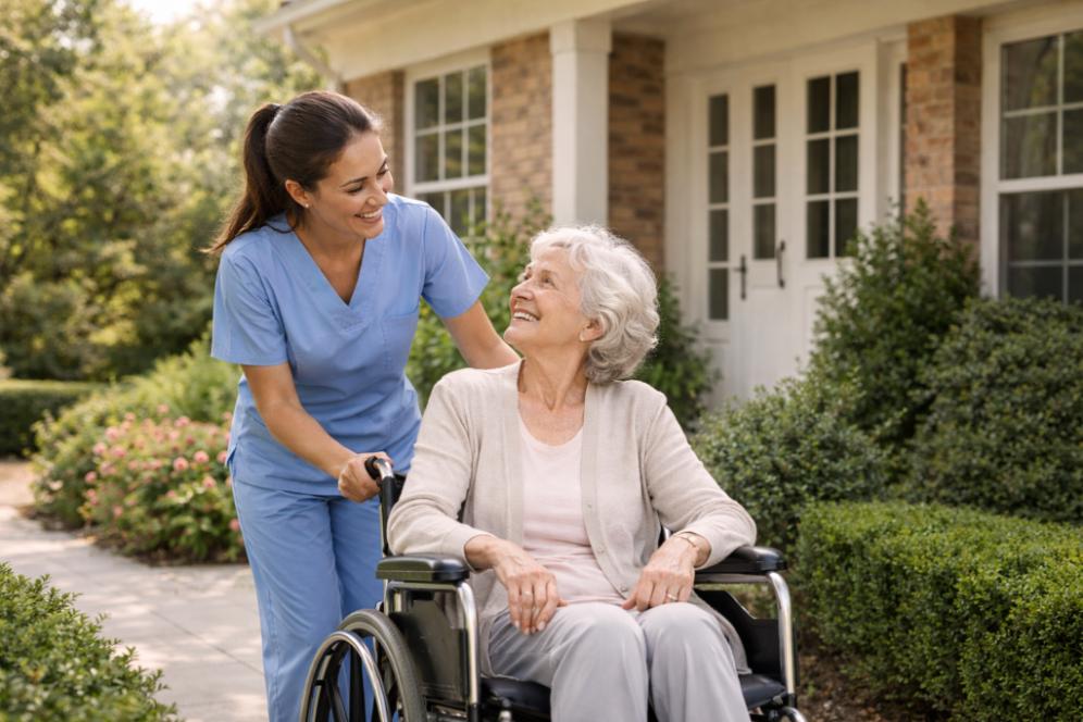 Caregiver assisting senior outdoors, home care services Bedford, IN