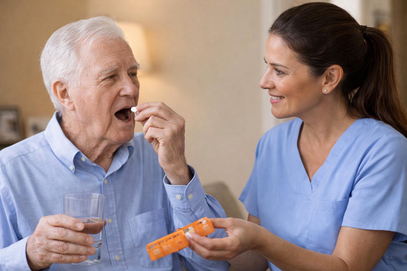Caregiver helping senior take medication, home care services Bedford, IN