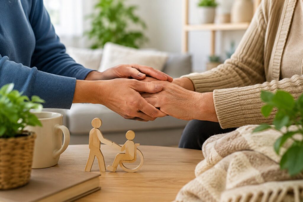 Caregiver holding a senior's hands with a wheelchair support symbol, representing compassionate participant assistance care in Paoli, IN.