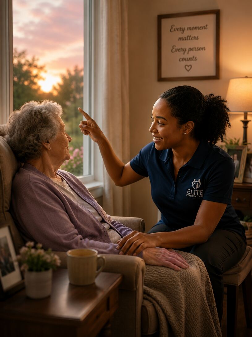 Caregiver providing companionship and emotional support to a senior at home in Greenfield, IN