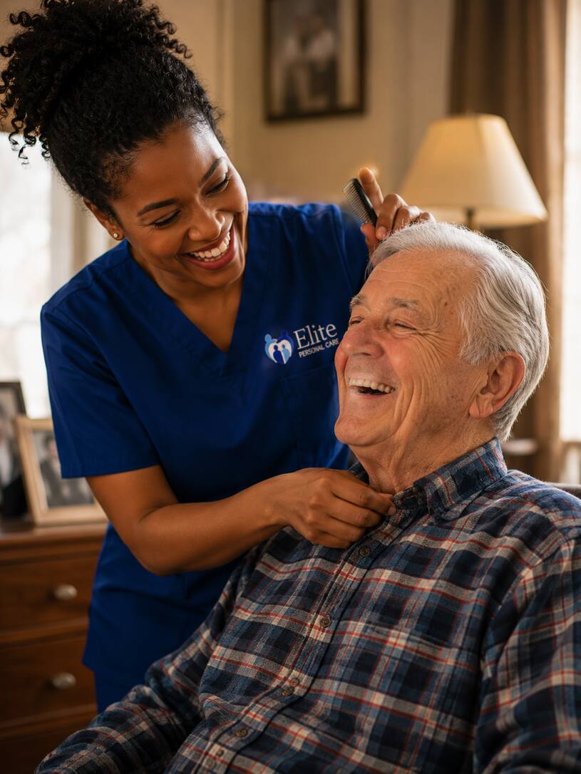 Caregiver assisting a senior with personal grooming at home in Greenfield, IN
