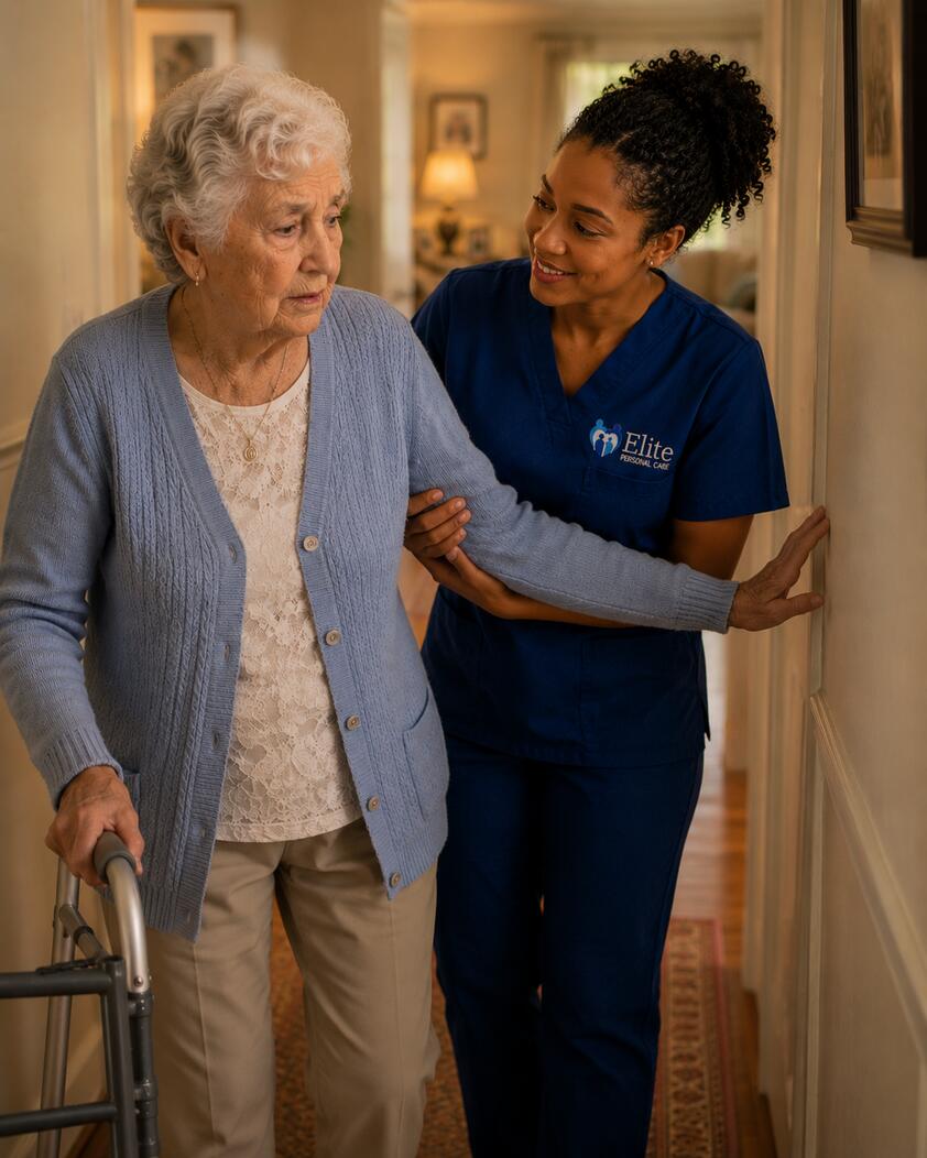 Caregiver assisting a senior with mobility and walker support at home in Greenfield, IN