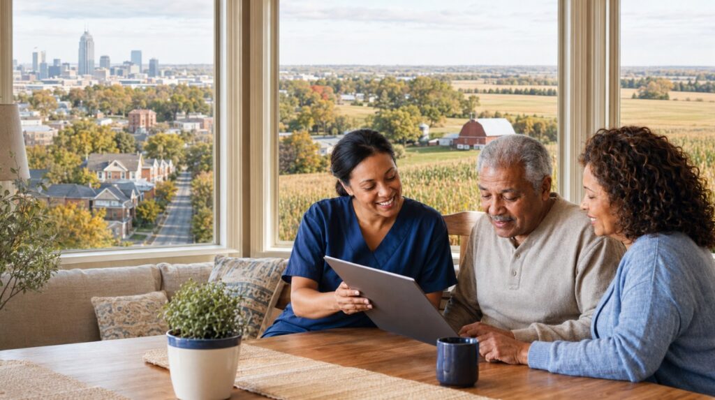 Caregiver reviewing a personalized care plan with an older adult and family member in an Indiana home